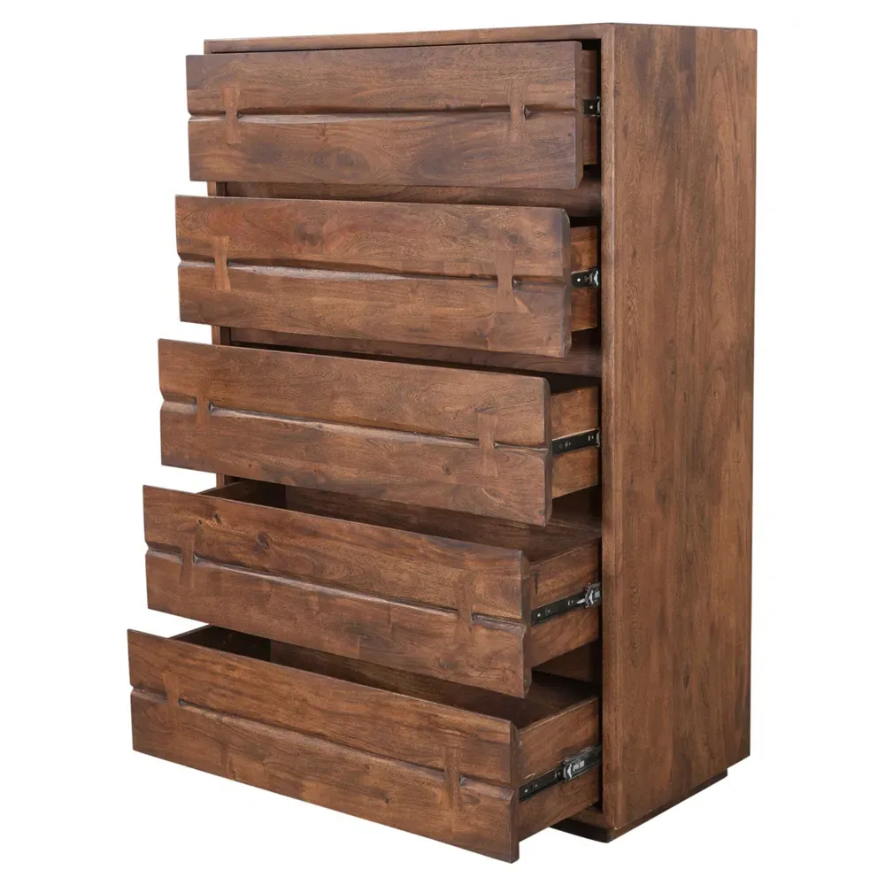 Atlas 5 Drawer Tall Chest Dresser - Brown, Acacia Wood