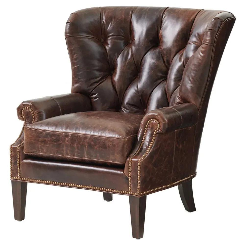 Atwater Tufted Wing Chair with Nailhead Trim - Brown, Leather
