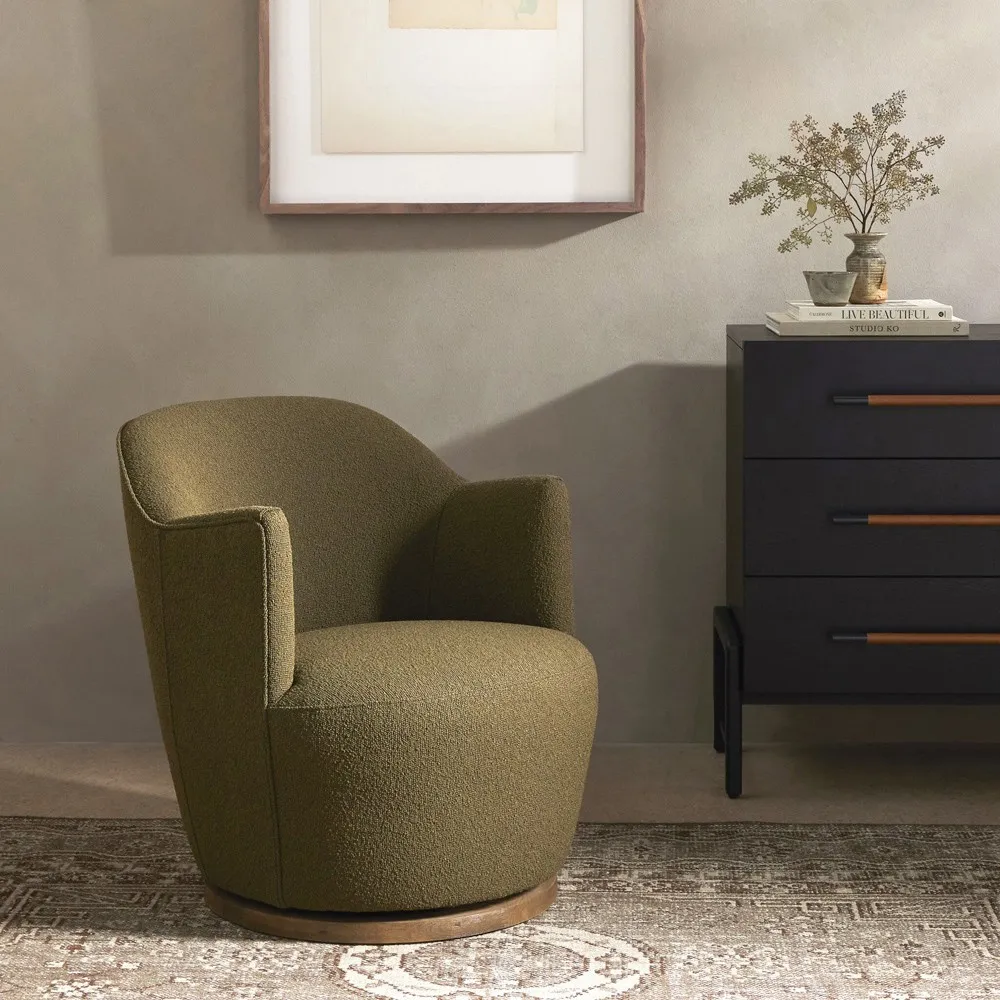 Aurora FIQA Swivel Arm Chair - Olive, Boucle