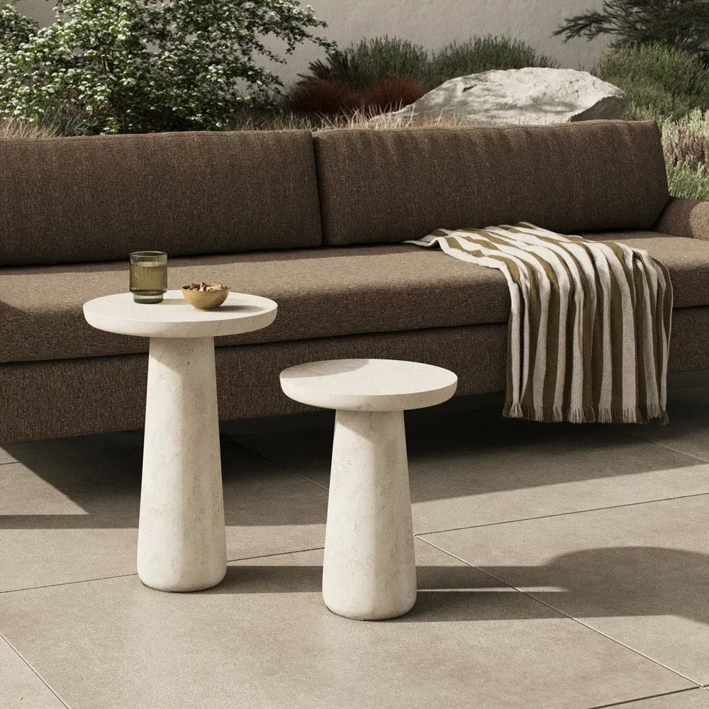Aurore Round Nesting End Tables - Aged White, Concrete