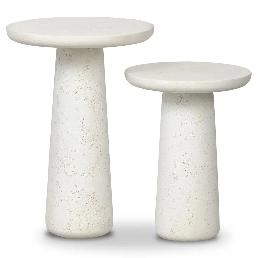 Aurore Round Nesting End Tables - Aged White, Concrete