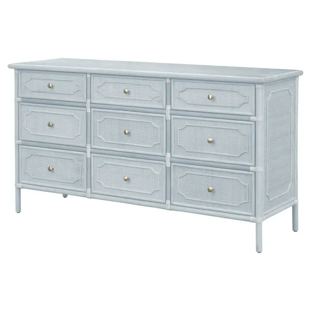 Ava Woven Rattan Long Dresser - Light Blue