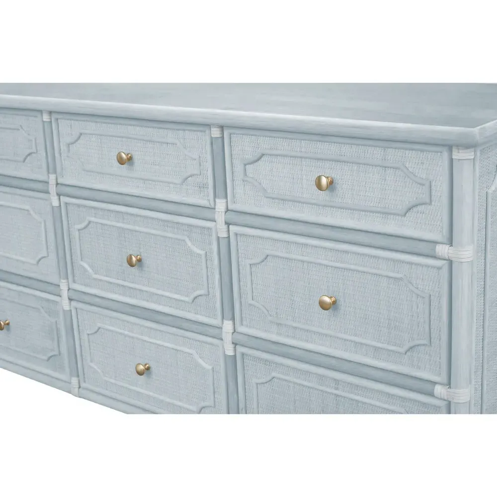 Ava Woven Rattan Long Dresser - Light Blue