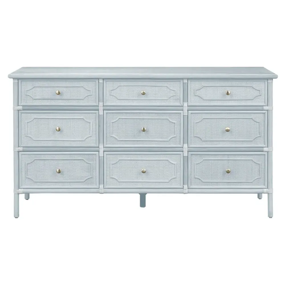 Ava Woven Rattan Long Dresser - Light Blue