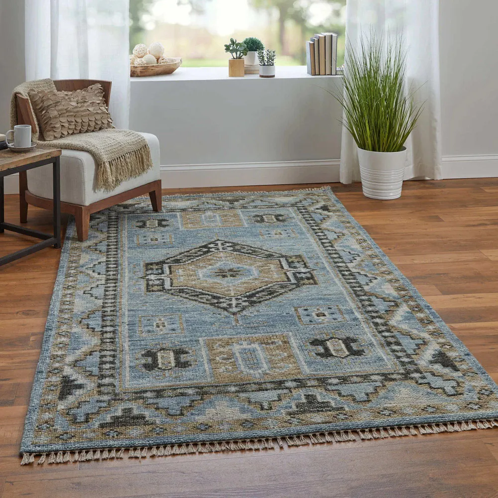 Avery Medallion Hand Knotted Rug - Blue, Wool