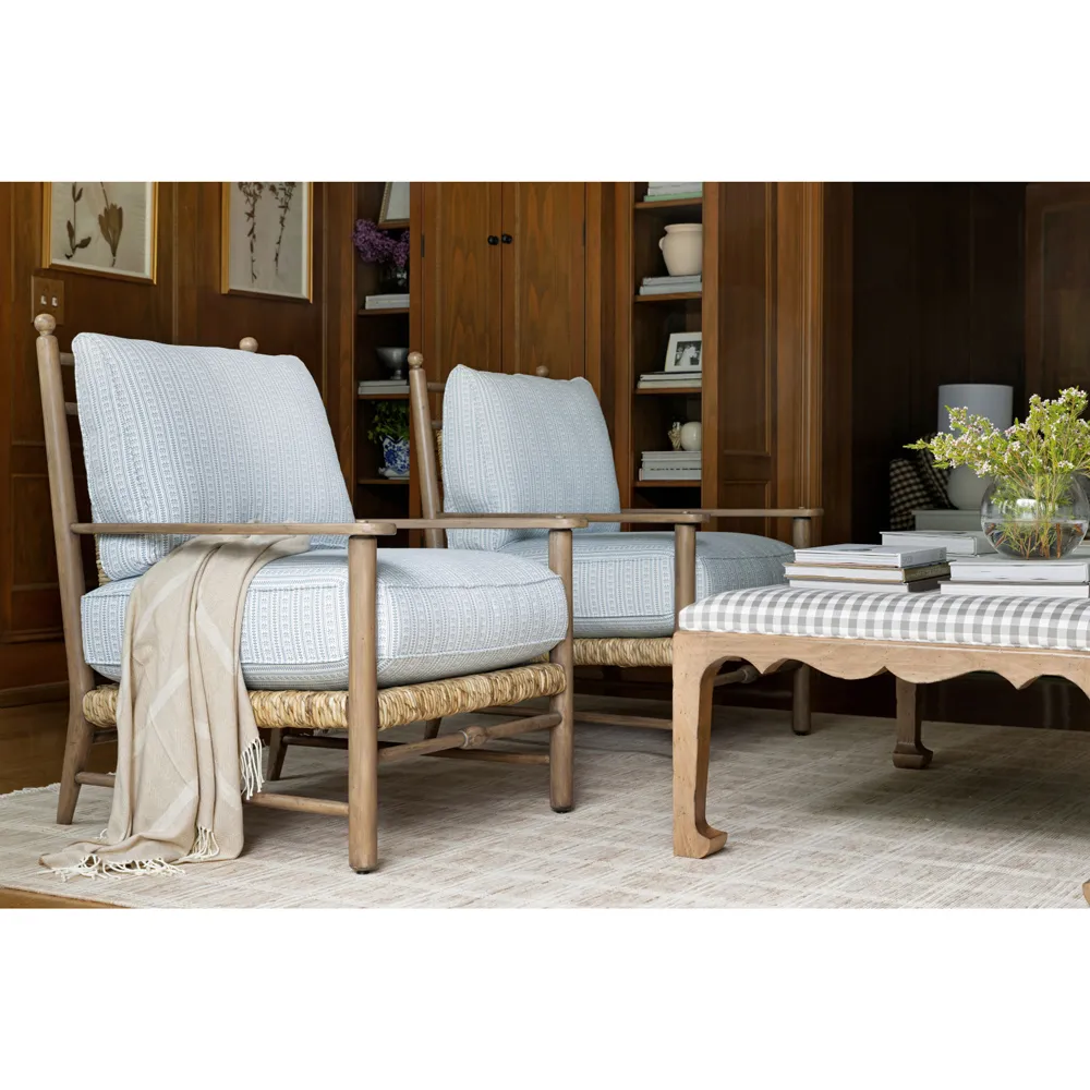 Bailey Stripe Woven Rush Wood Arm Chair - Blue