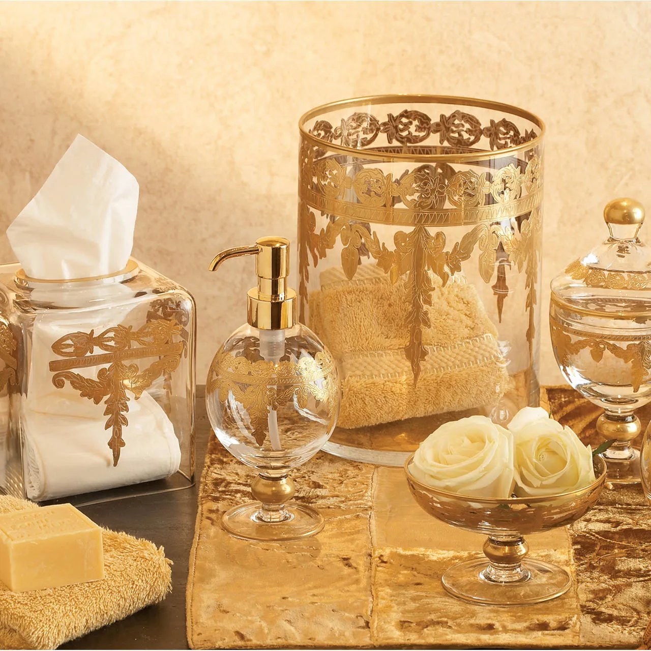 Baroque Hollywood Regency Glass Tissue Holder - Clear, Gold