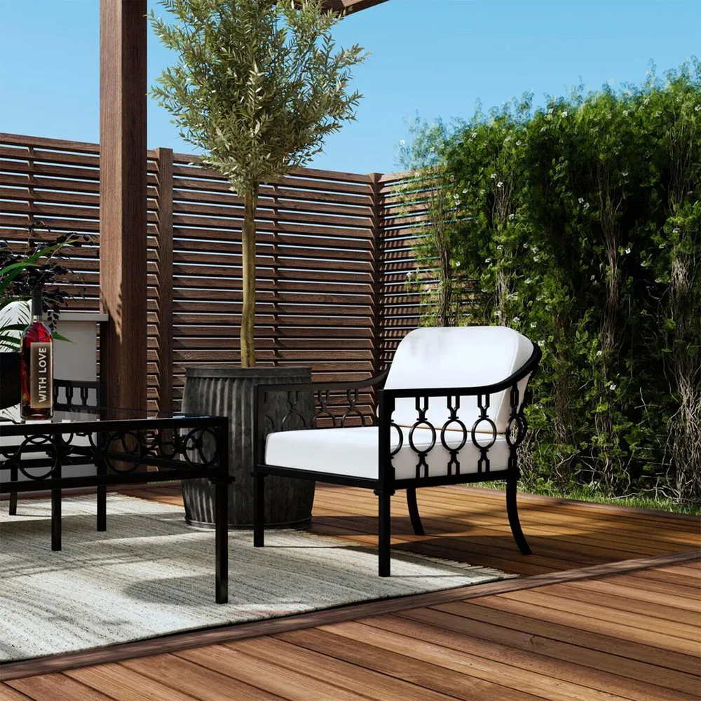 Benilde French Upholstered Iron Outdoor Lounge Chair - White, Black