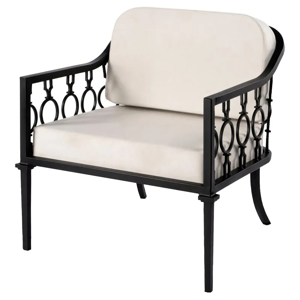Benilde French Upholstered Iron Outdoor Lounge Chair - White, Black