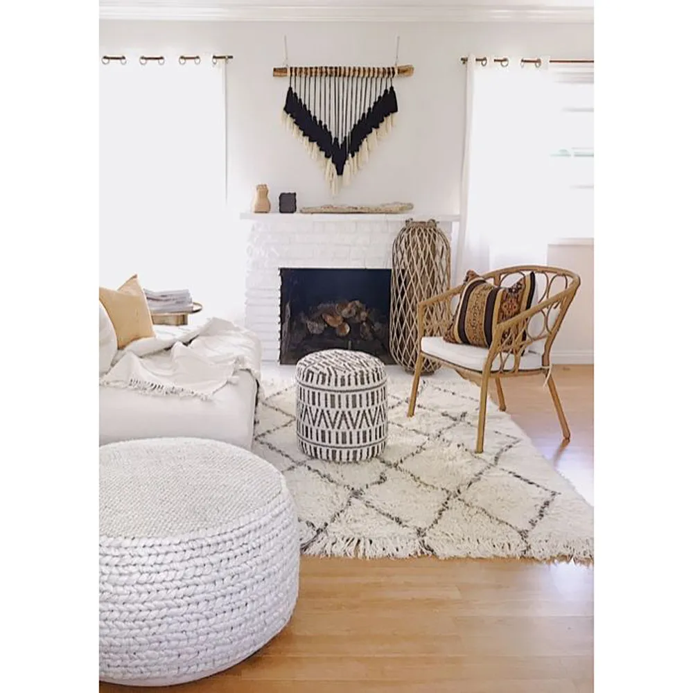 Berber Diamond Shag Washable Rug - White, Wool