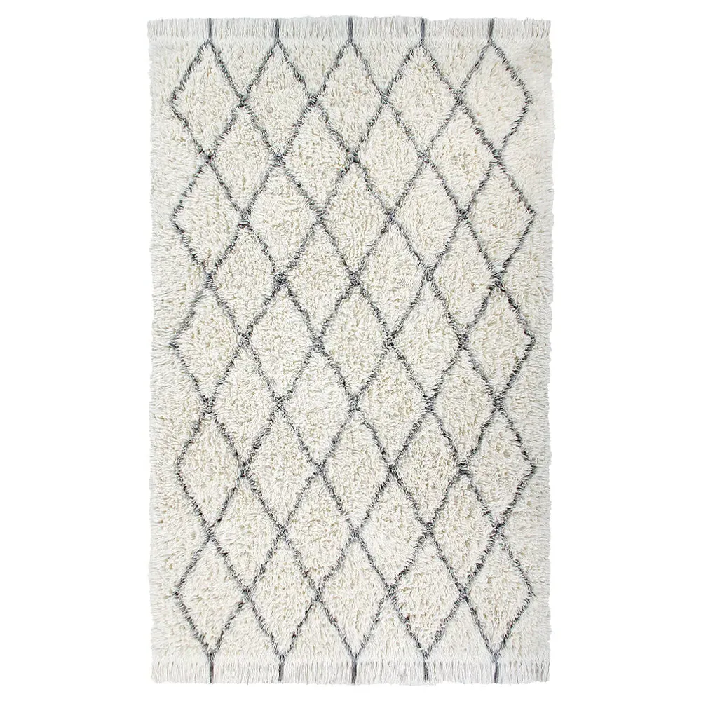 Berber Diamond Shag Washable Rug - White, Wool