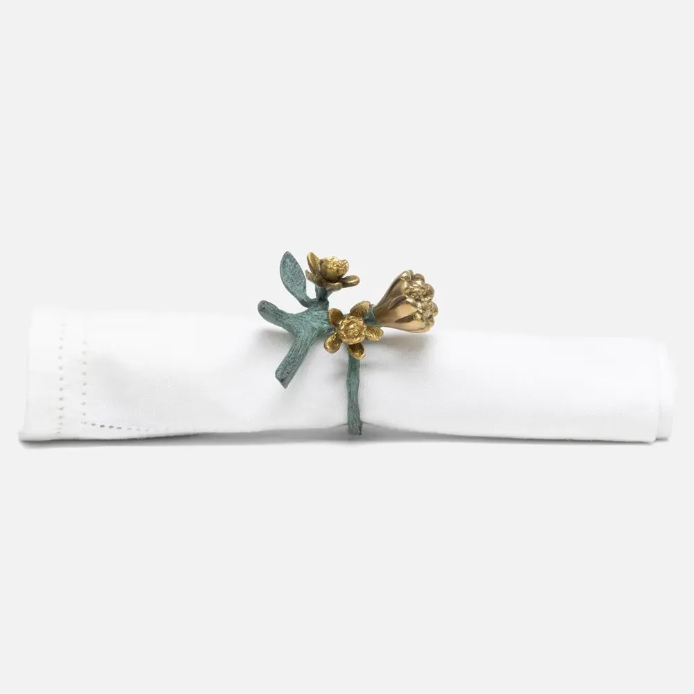Bernadette Floral Napkin Ring Set of 4 - Green, Brass