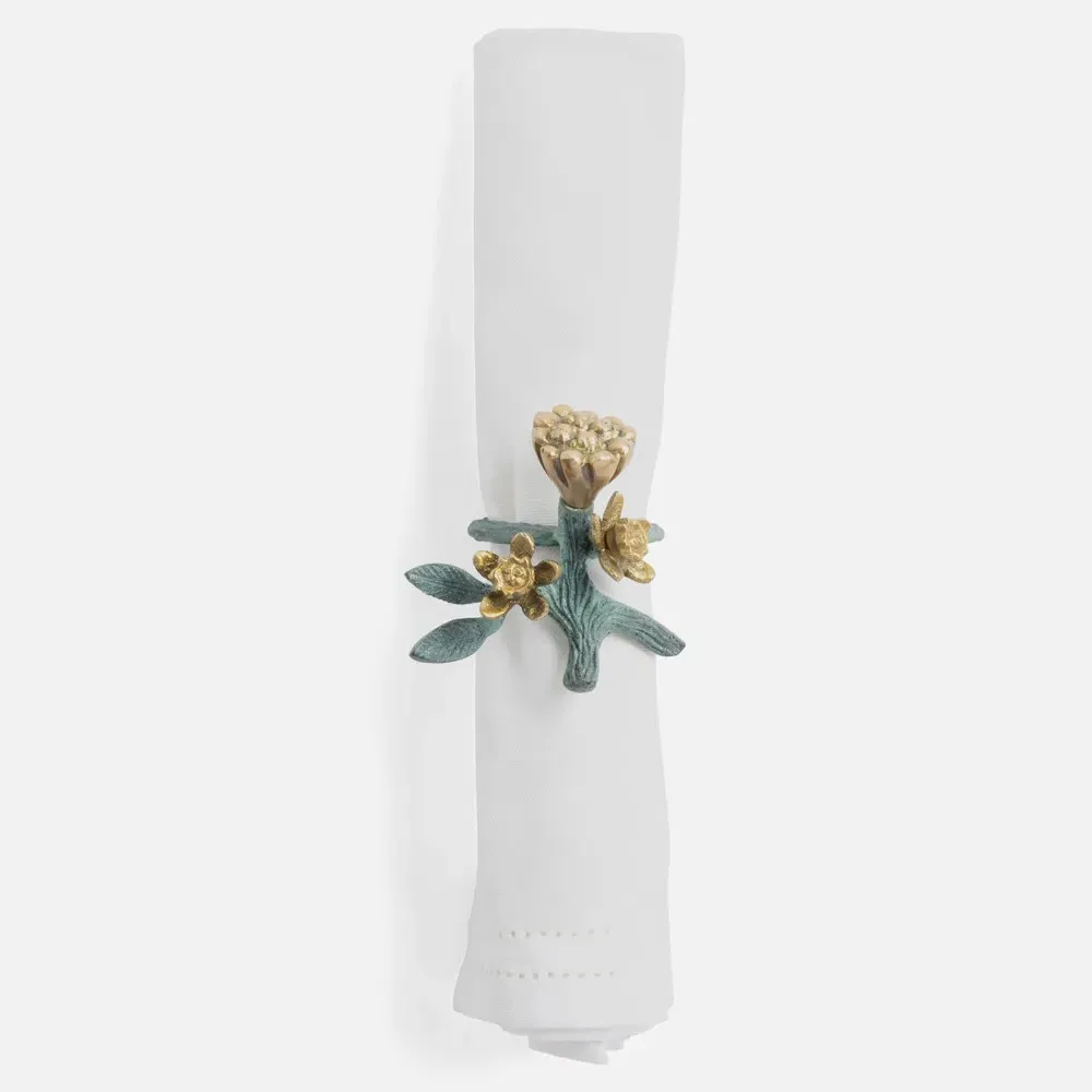 Bernadette Floral Napkin Ring Set of 4 - Green, Brass