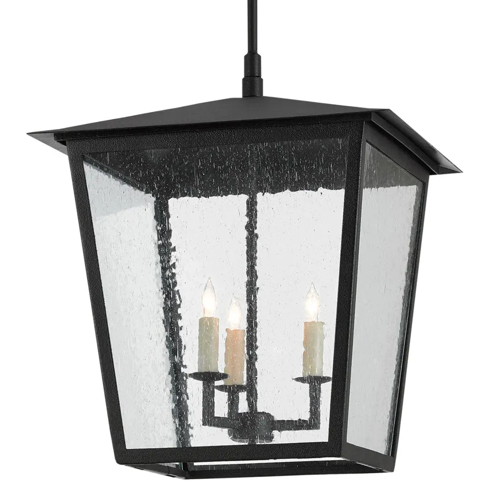 Bethara Seeded Glass Outdoor Lantern - Black, Iron