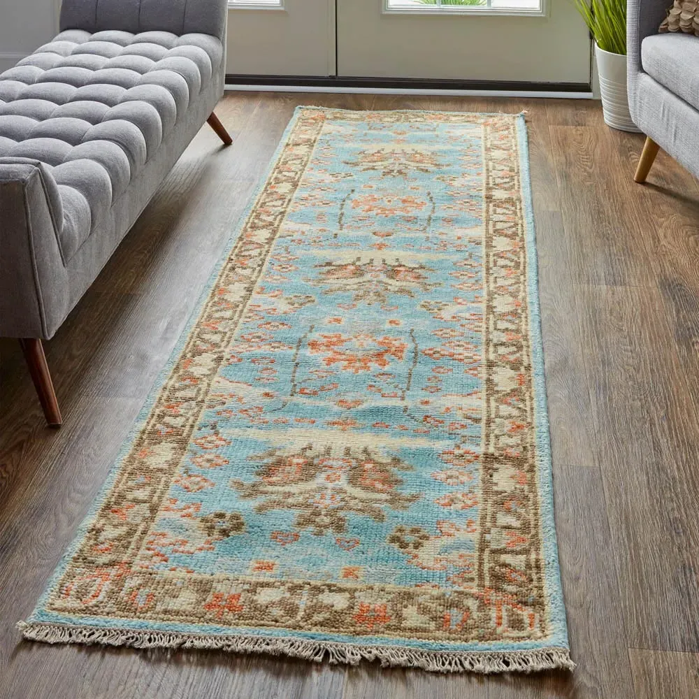 Bethel Hand Knotted Patterned Rug - Blue, Wool