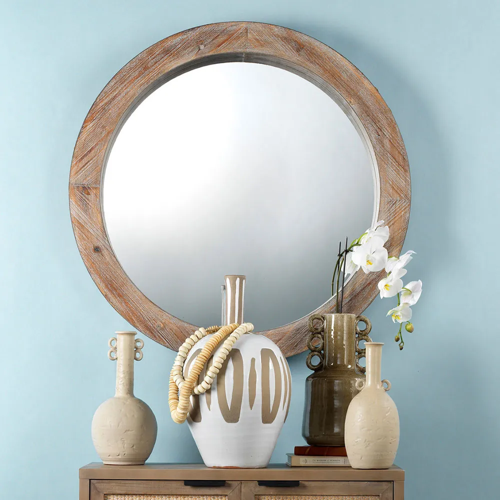 Betianna Round Wall Mirror - Grey, Reclaimed Wood