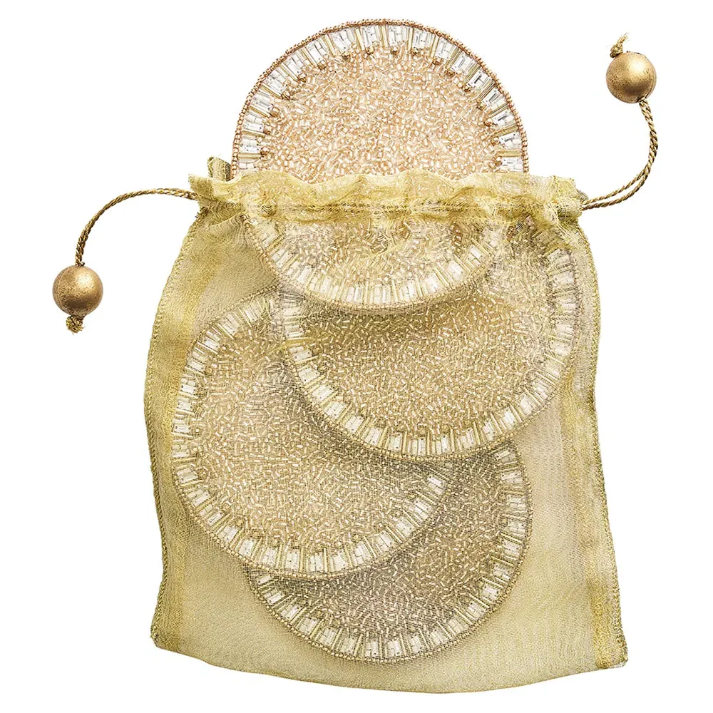 Bevel Glass Beaded Coaster Set of 4 - Gold, Glass