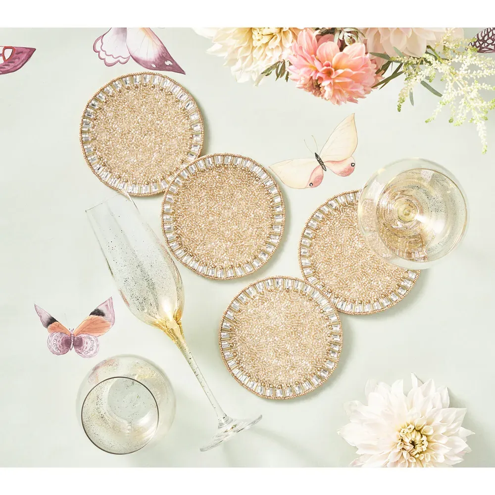 Bevel Glass Beaded Coaster Set of 4 - Gold, Glass