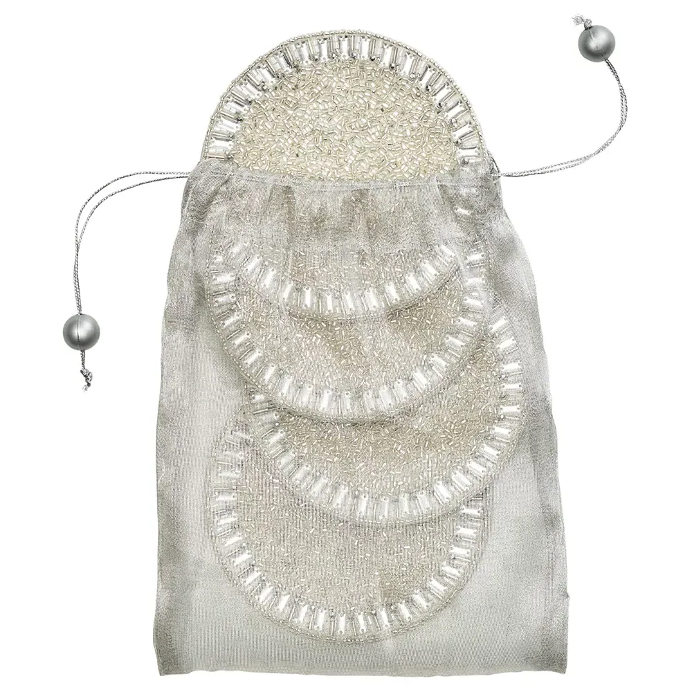 Bevel Glass Beaded Coaster Set of 4 - Silver, Glass