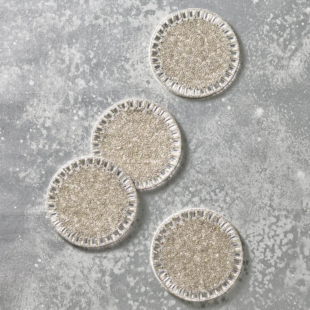 Bevel Glass Beaded Coaster Set of 4 - Silver, Glass