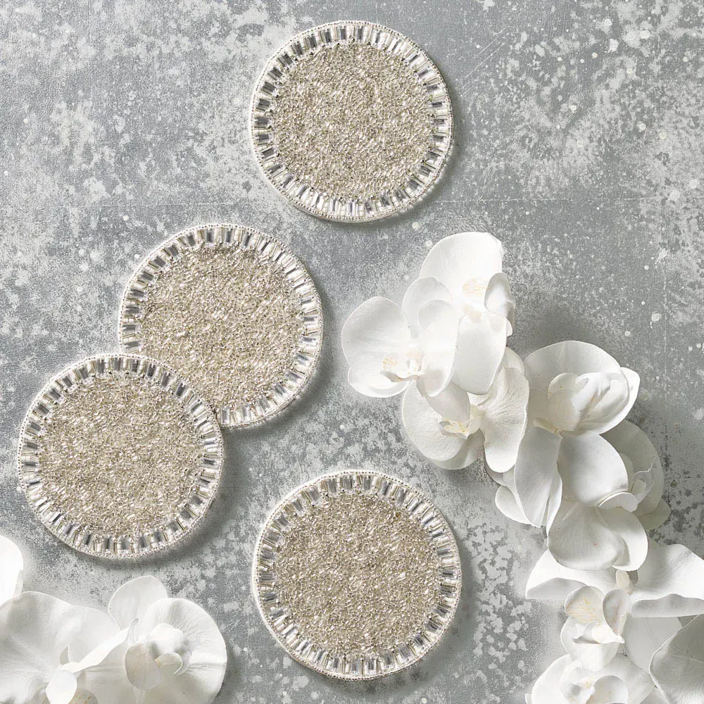 Bevel Glass Beaded Coaster Set of 4 - Silver, Glass