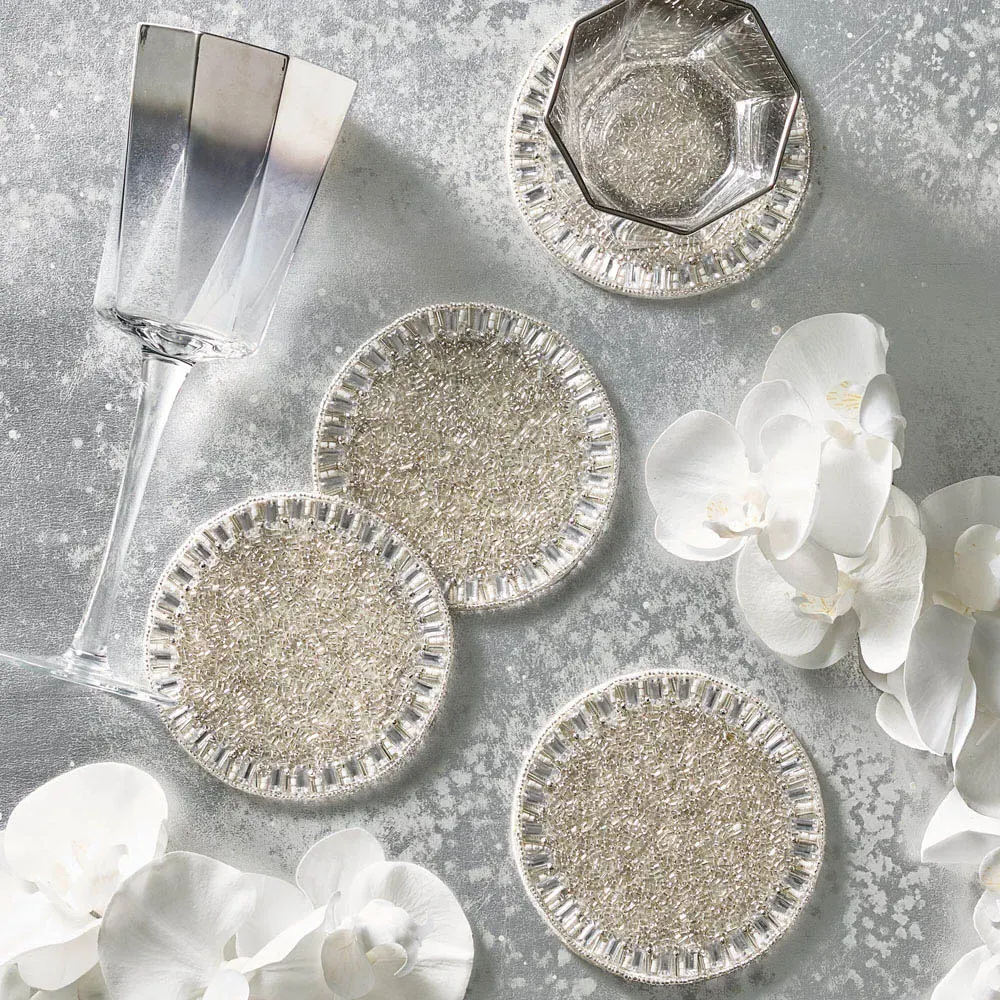 Bevel Glass Beaded Coaster Set of 4 - Silver, Glass