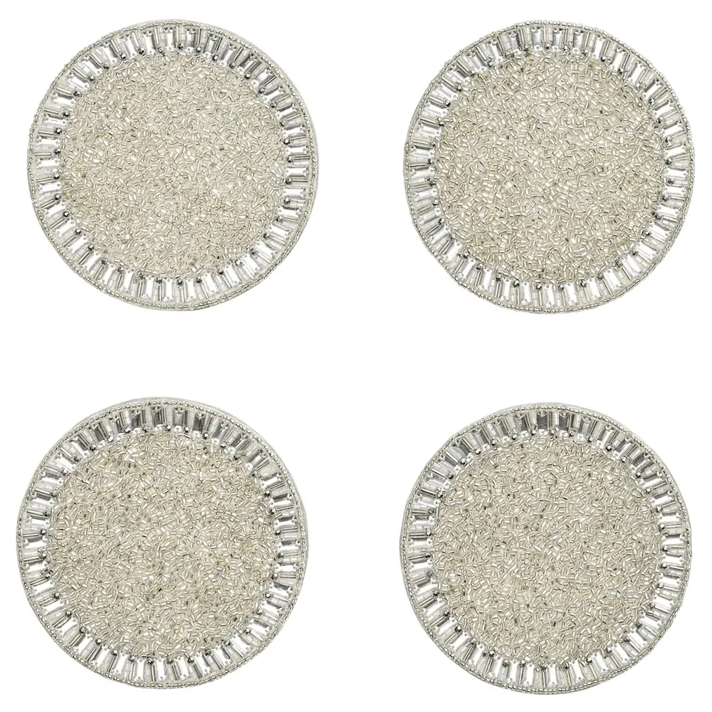 Bevel Glass Beaded Coaster Set of 4 - Silver, Glass