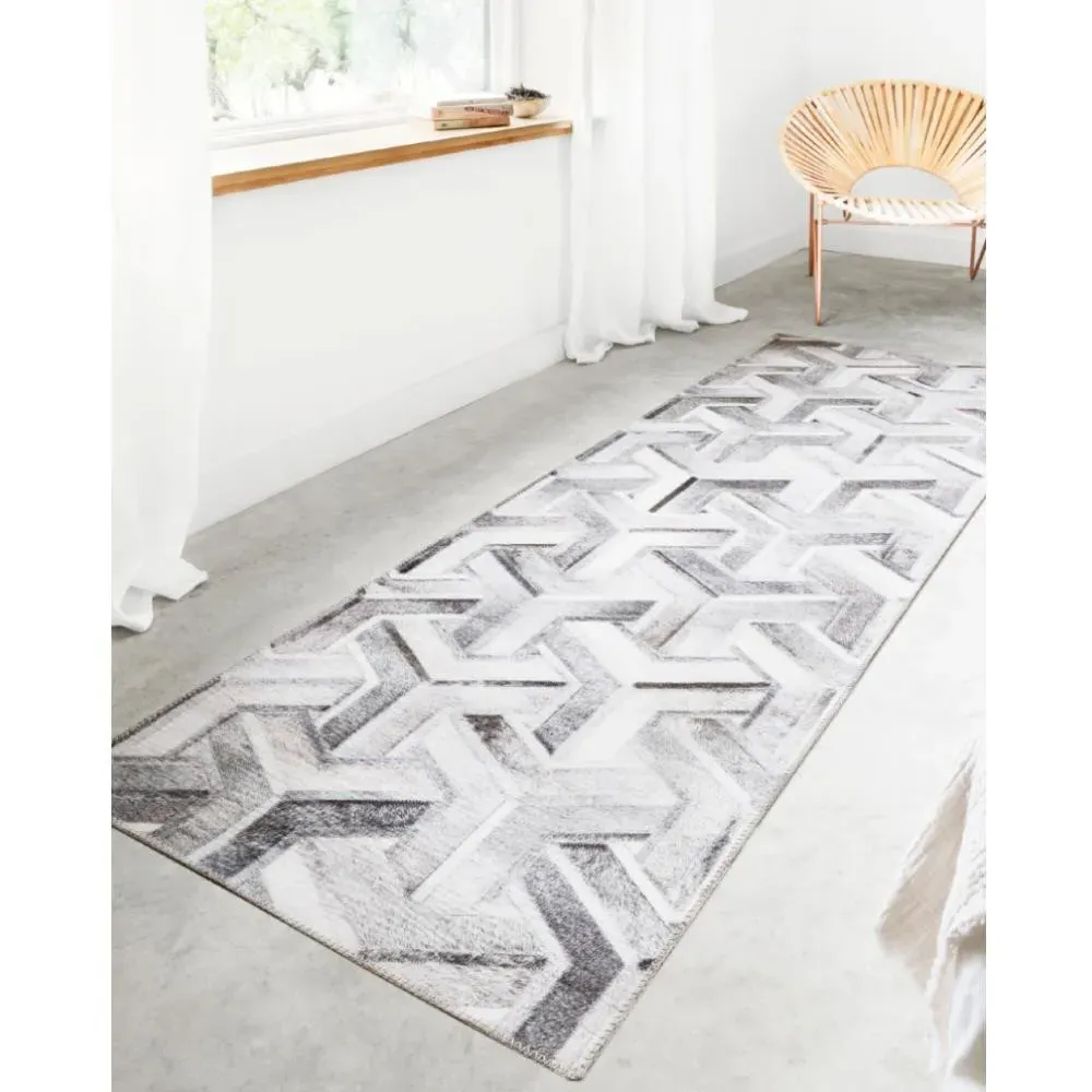 Brevin Geometric Patterned Rug - Grey, Faux Hair on Hide