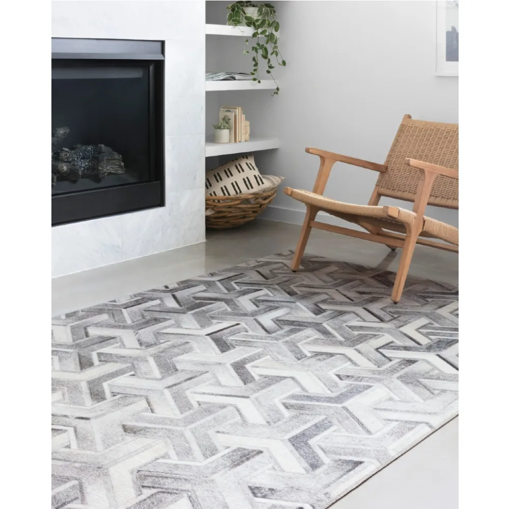 Brevin Geometric Patterned Rug - Grey, Faux Hair on Hide