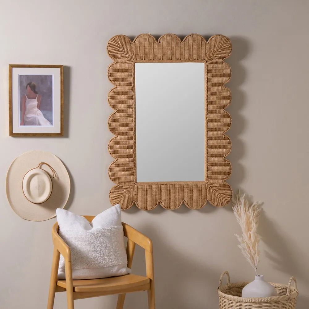 Brielle Scalloped Wall Mirror - Brown, Rattan