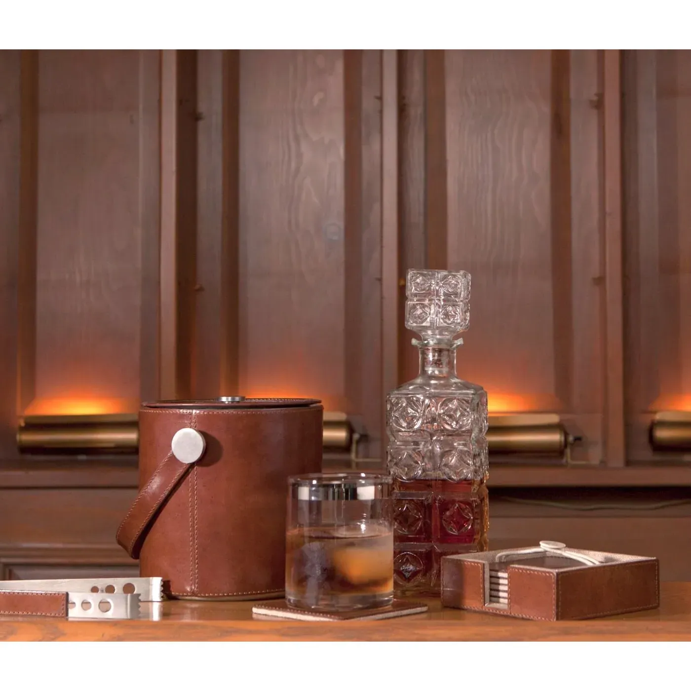 Bristol Ice Bucket with Tong - Brown, Leather