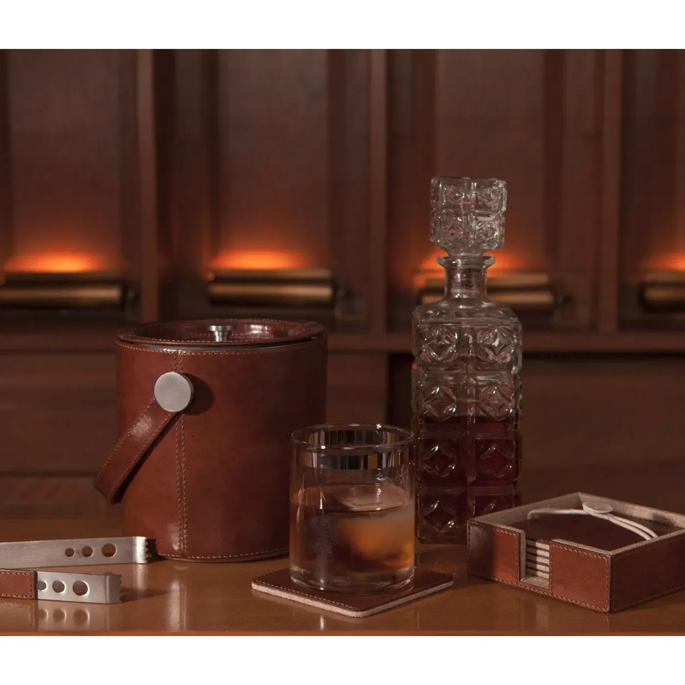 Bristol Ice Bucket with Tong - Brown, Leather