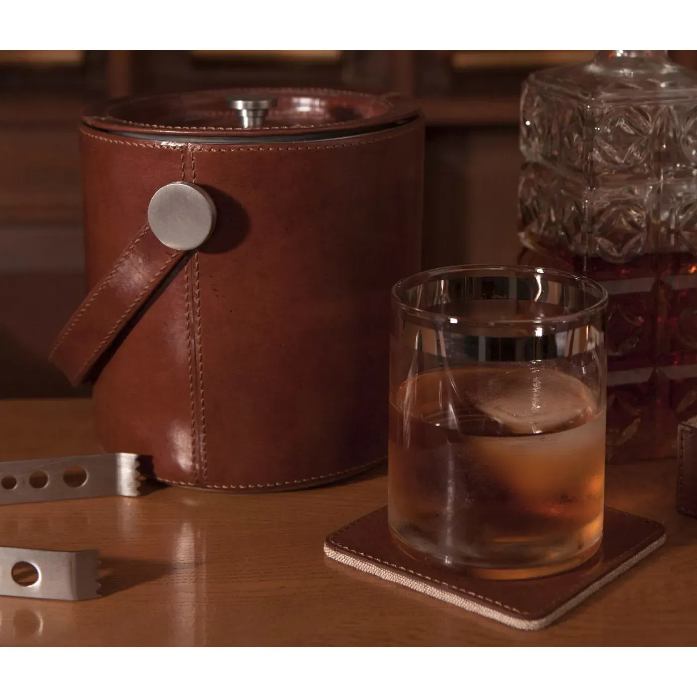 Bristol Ice Bucket with Tong - Brown, Leather