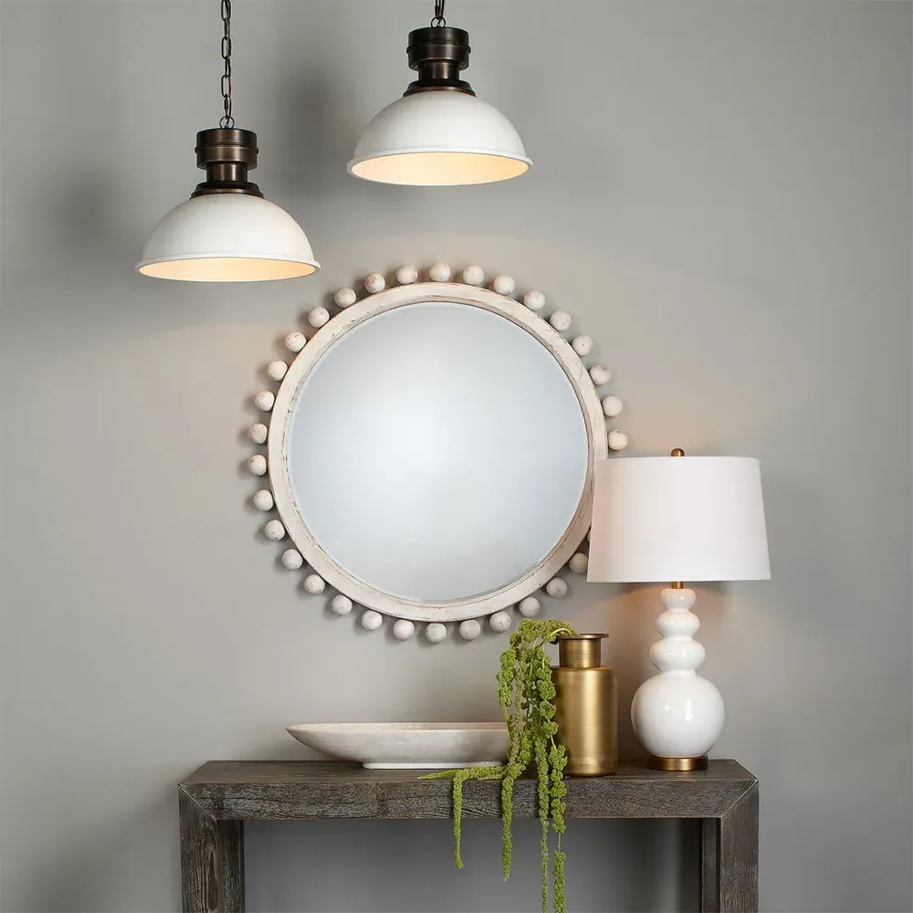 Brooke Round Wall Mirror - White, Fir Wood