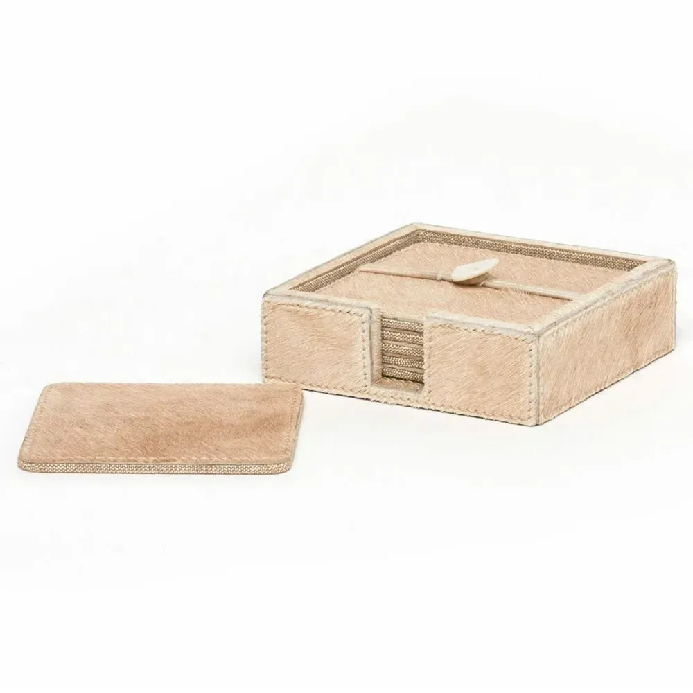 Browmley Coaster Set of 6 - Beige, Hair on Hide