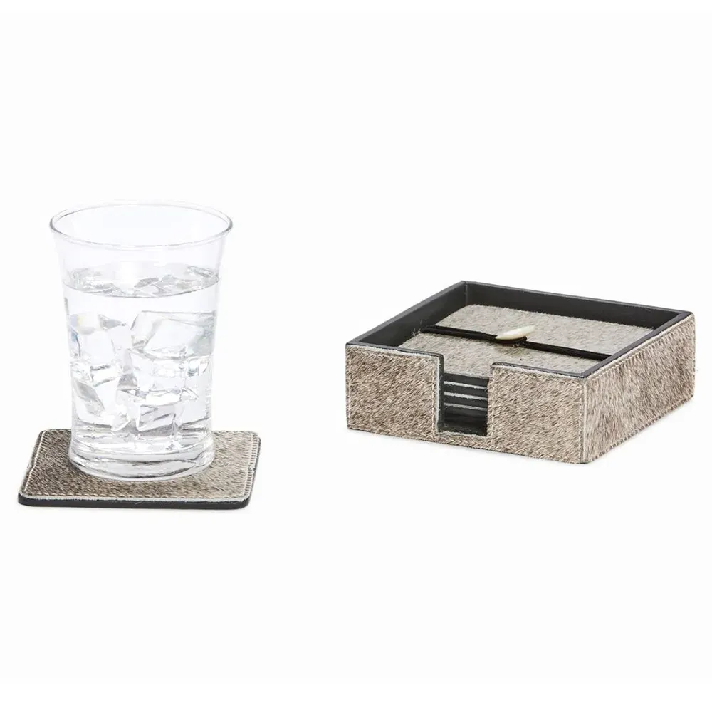 Browmley Coaster Set of 6 - Grey, Hair on Hide