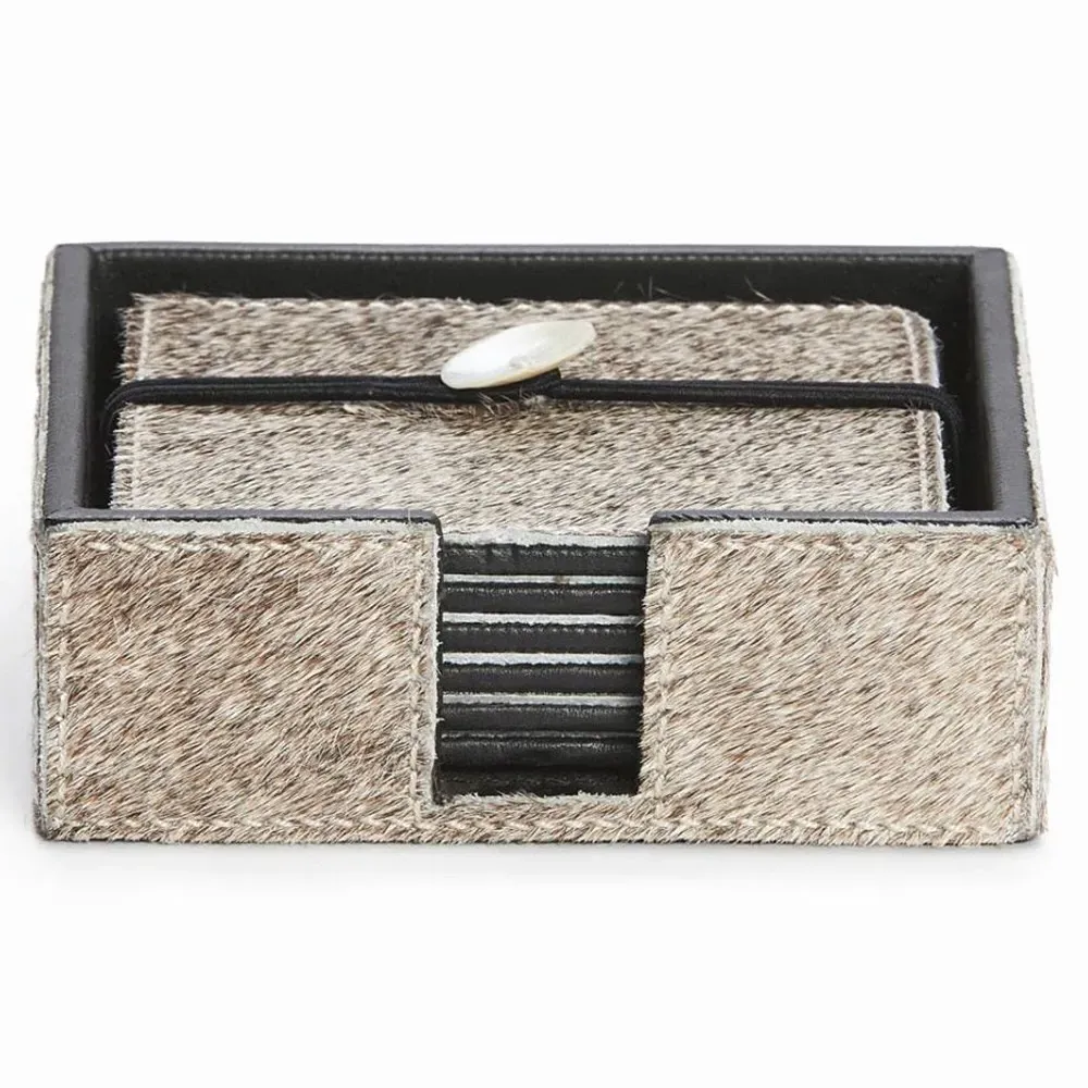 Browmley Coaster Set of 6 - Grey, Hair on Hide