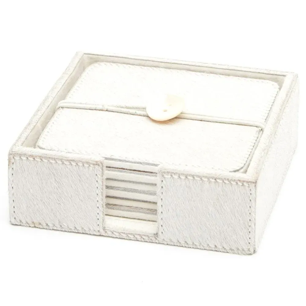 Browmley Coaster Set of 6 - White, Hair on Hide