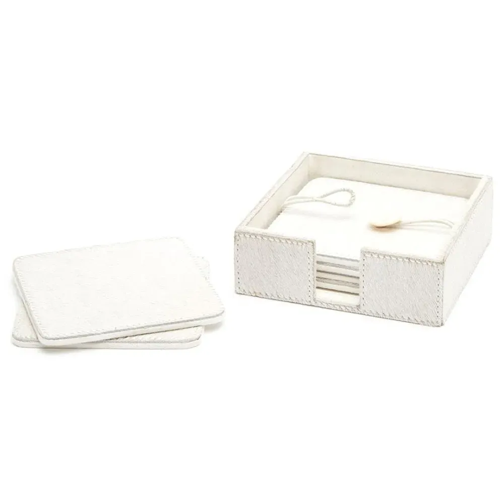 Browmley Coaster Set of 6 - White, Hair on Hide