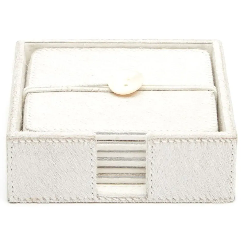 Browmley Coaster Set of 6 - White, Hair on Hide