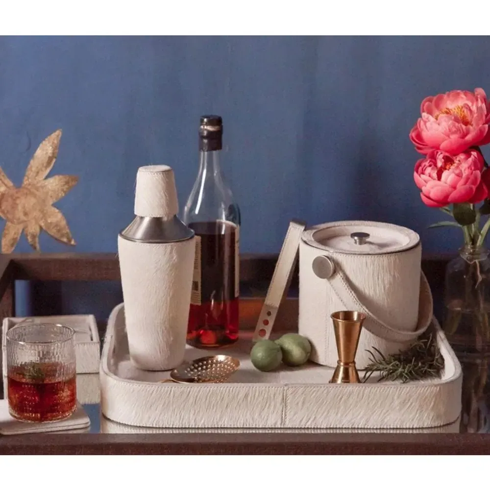 Browmley Ice Bucket with Tong - White, Hair on Hide
