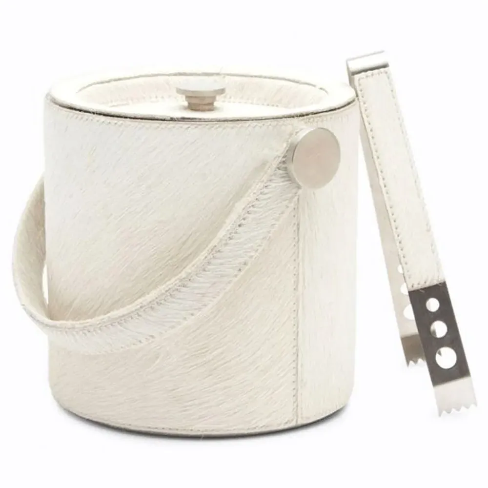 Browmley Ice Bucket with Tong - White, Hair on Hide
