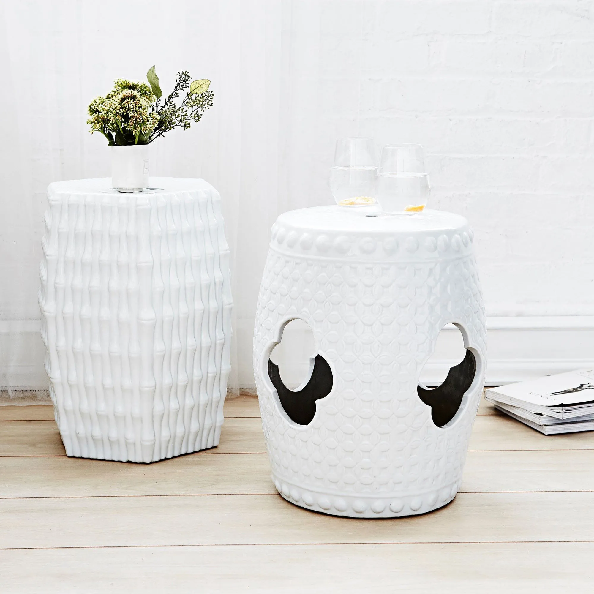 Burma Bamboo Stool - White, Porcelain
