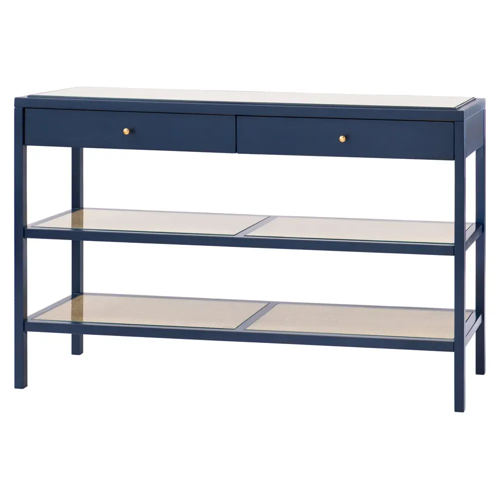 Caanan Glass Top Woven Cane Console Table - Midnight Blue