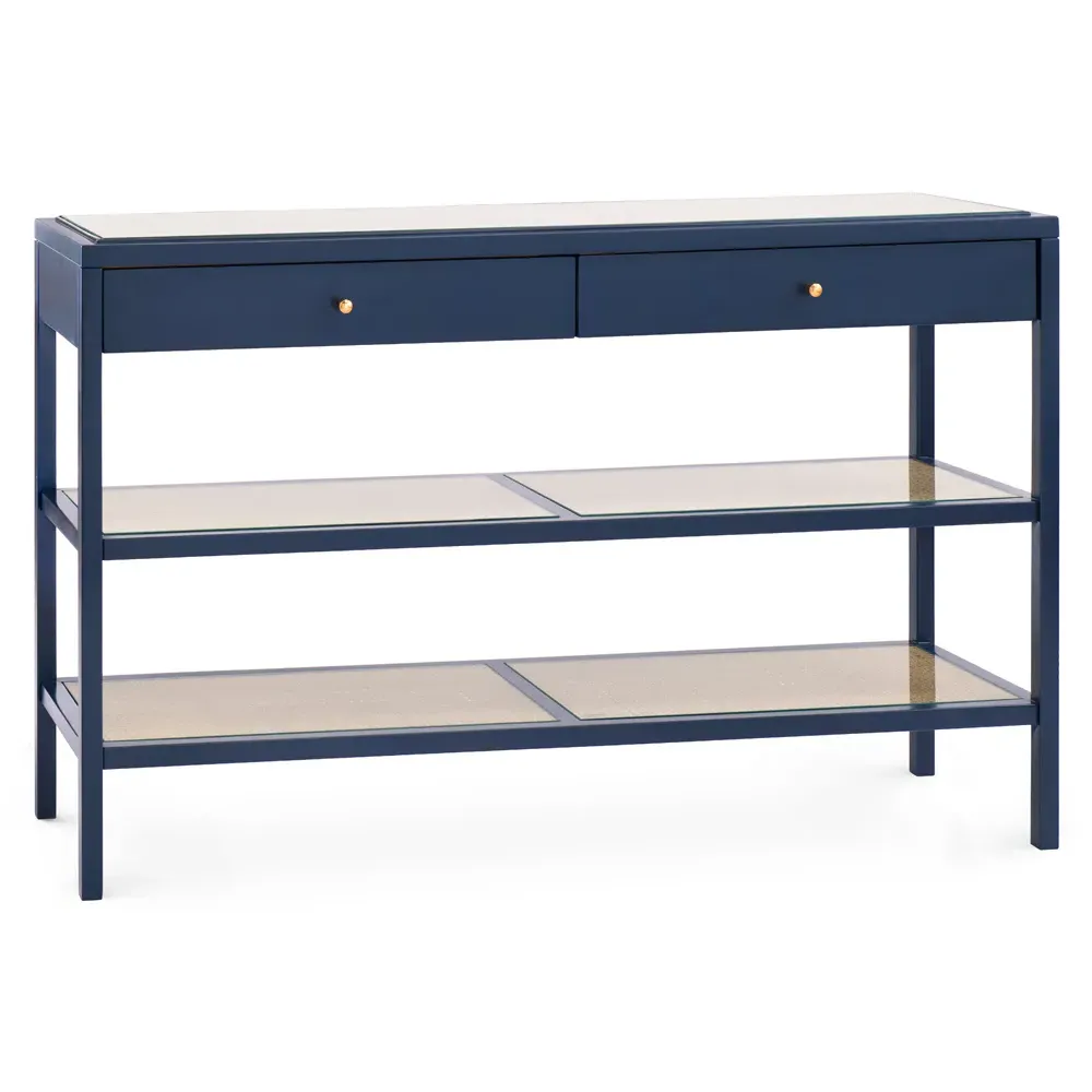 Caanan Glass Top Woven Cane Console Table - Midnight Blue