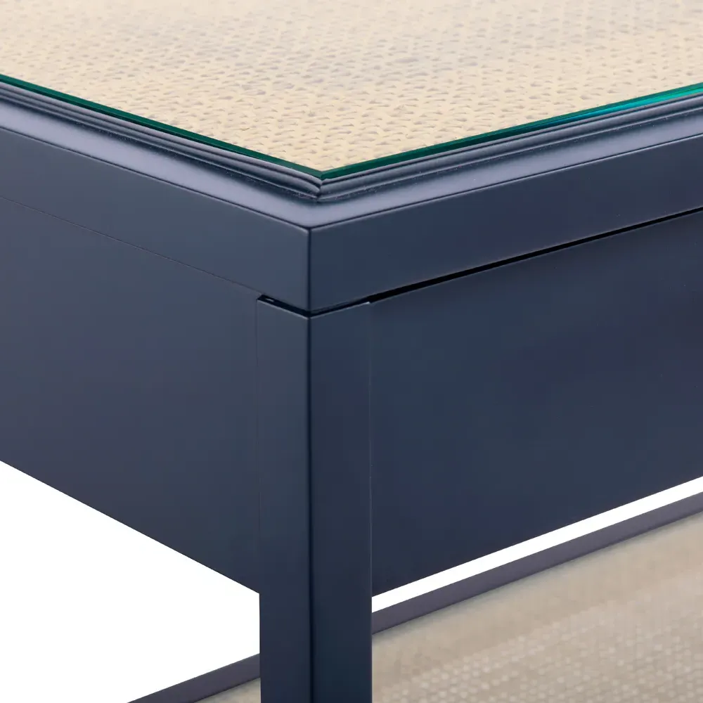 Caanan Glass Top Woven Cane Console Table - Midnight Blue