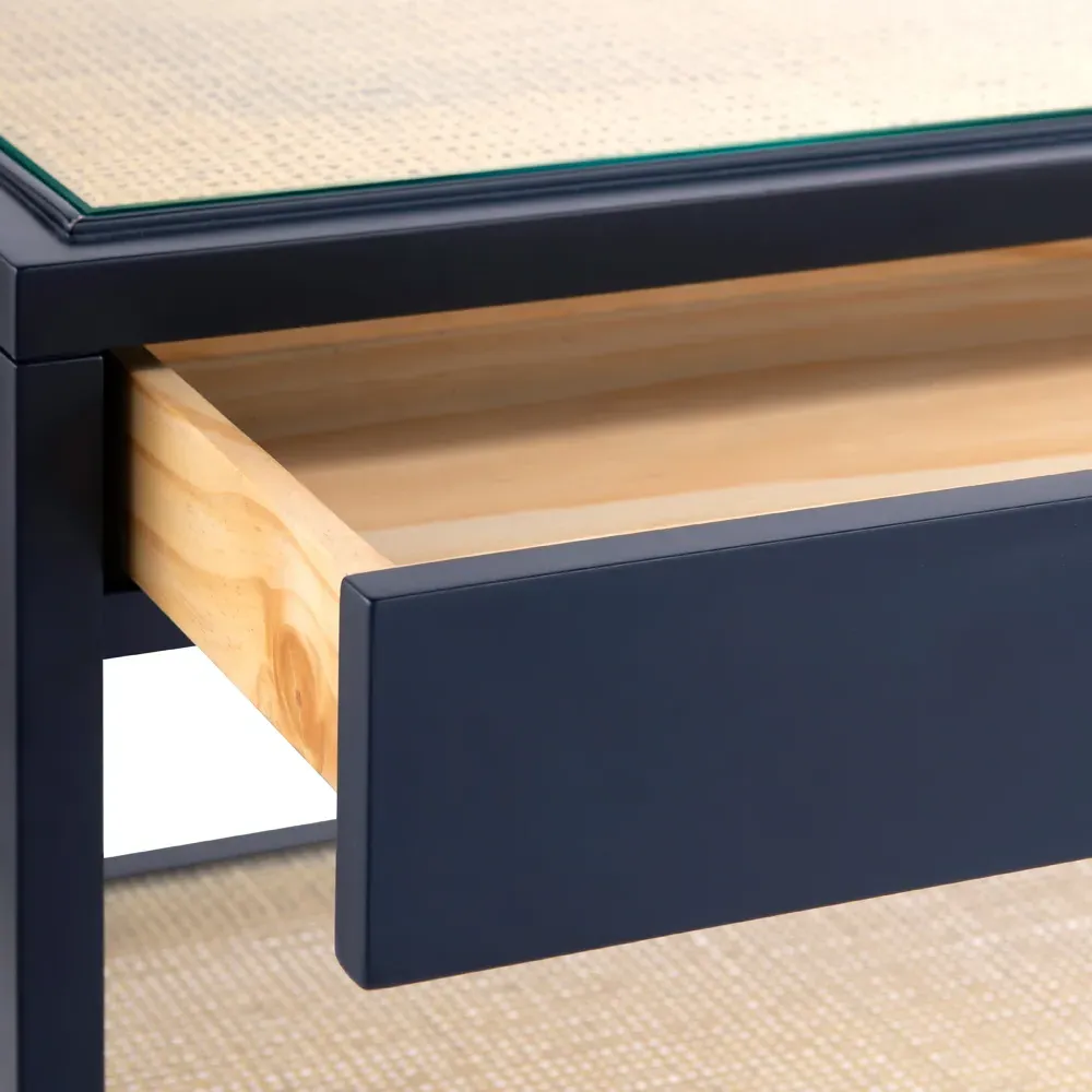 Caanan Glass Top Woven Cane Console Table - Midnight Blue