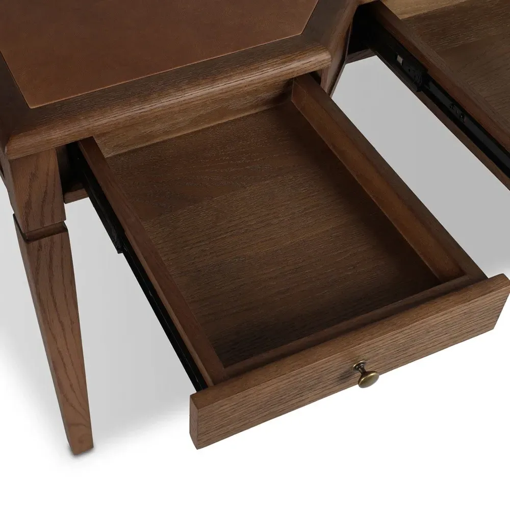 Caesar Oak Wood Desk with Leather Top - Brown