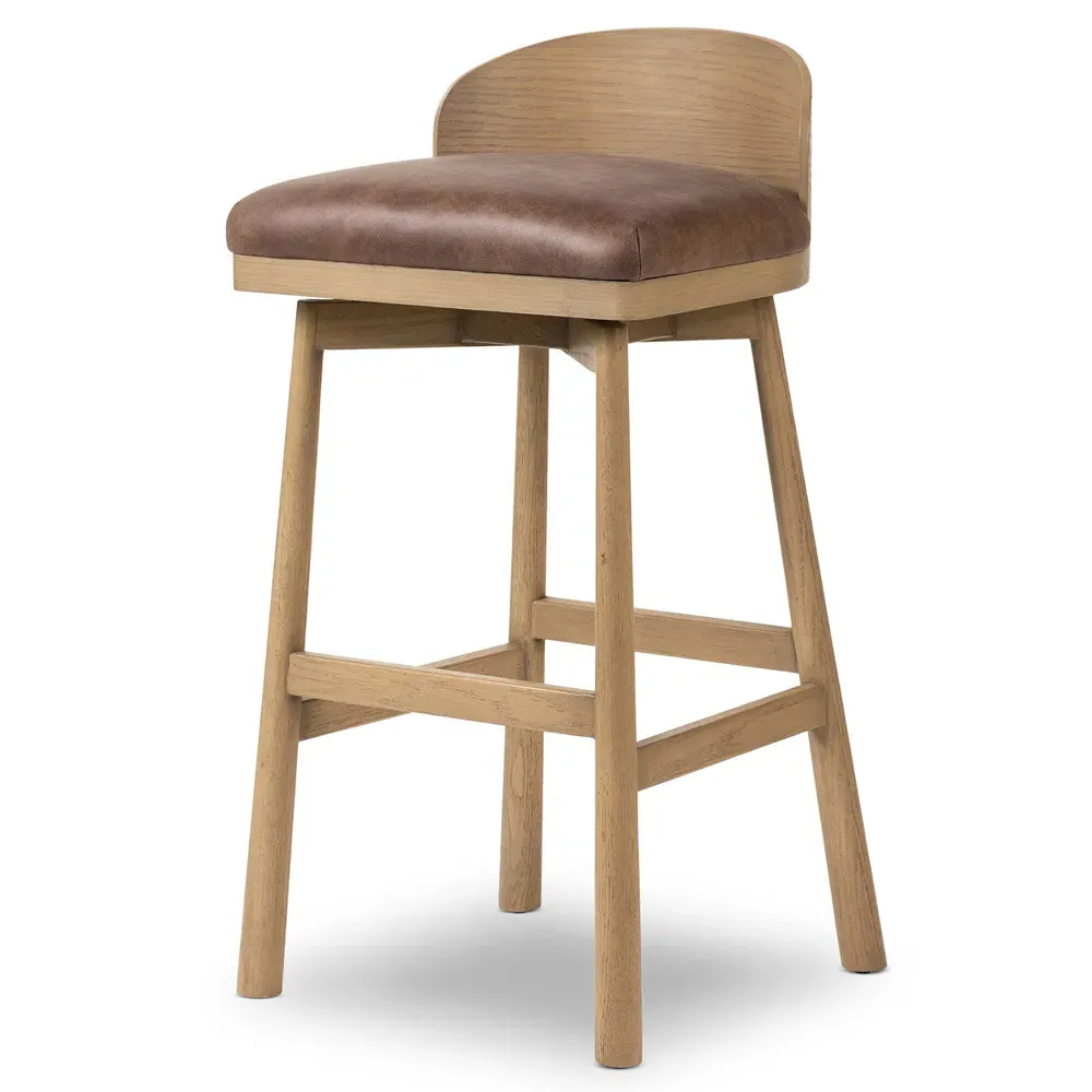 Caius Swivel Bar Stool - Brown Leather, Oak