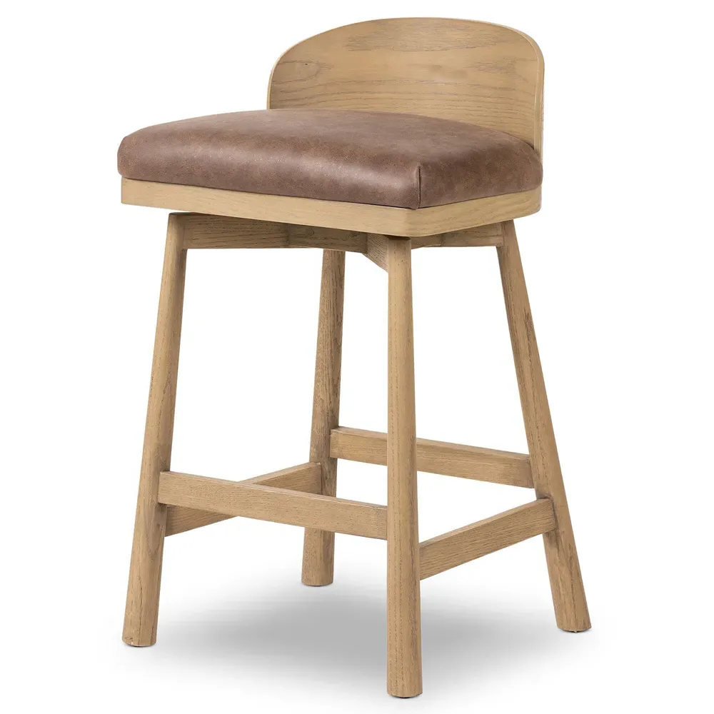 Caius Swivel Counter Stool - Brown Leather, Oak